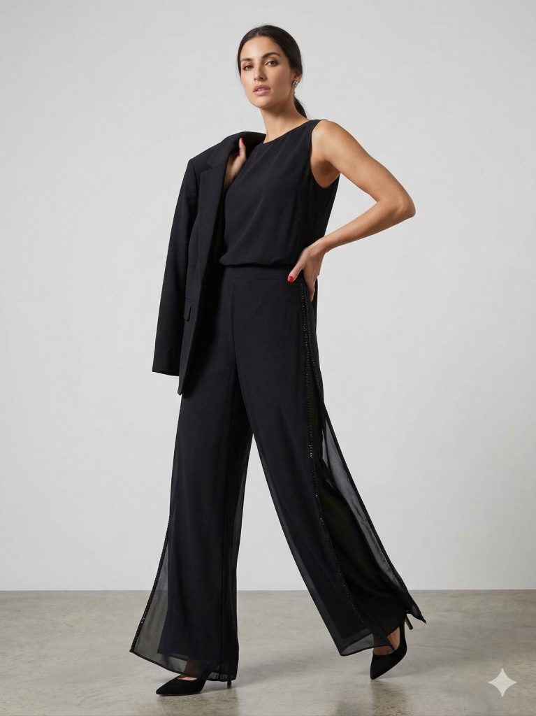 ALBA DALİDA Şifon Detaylı Yanları Taşlı Pantolon 51301 - Siyah