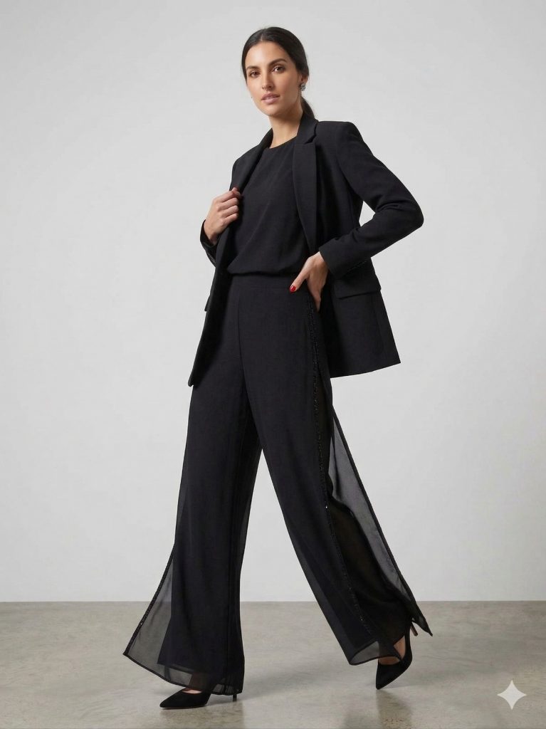 ALBA DALİDA Şifon Detaylı Yanları Taşlı Pantolon 51301 - Siyah