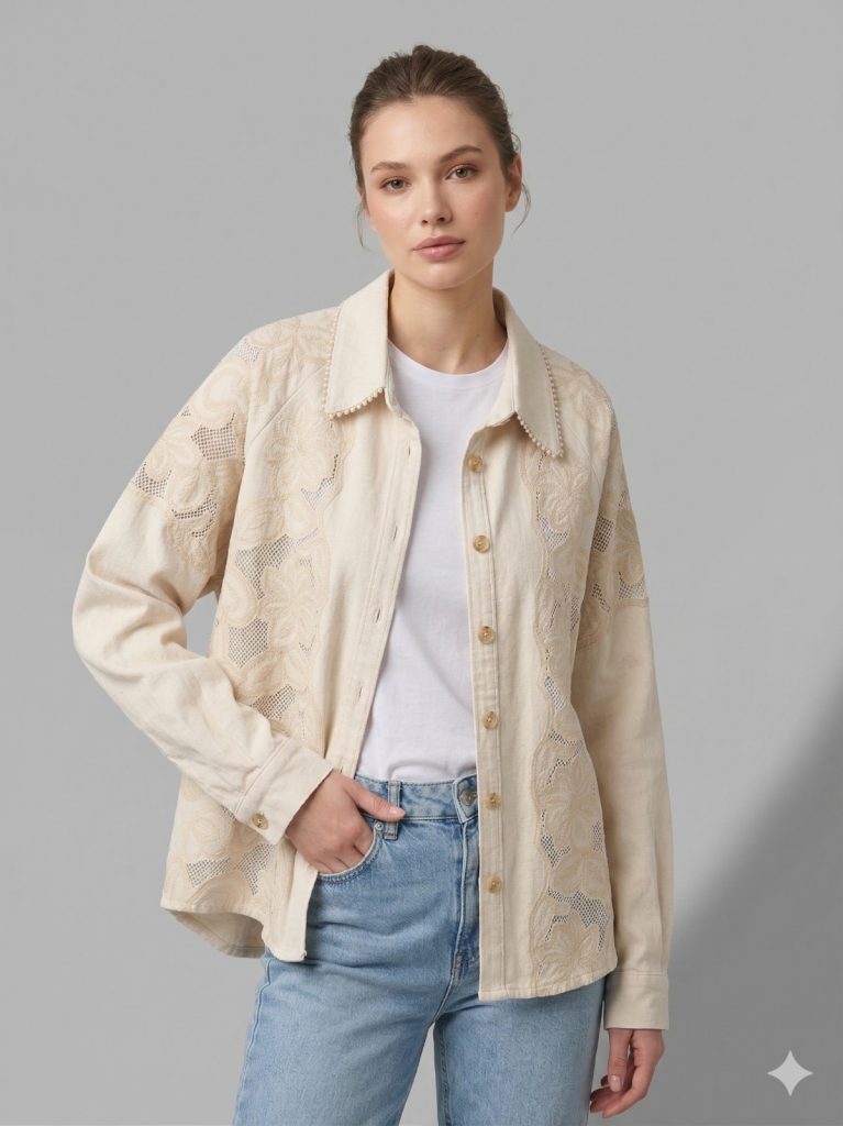 BDK Düğme Kapamalı İşlemeli Kot Gömlek 3547 - BEJ