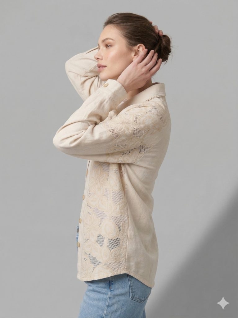 BDK Düğme Kapamalı İşlemeli Kot Gömlek 3547 - BEJ