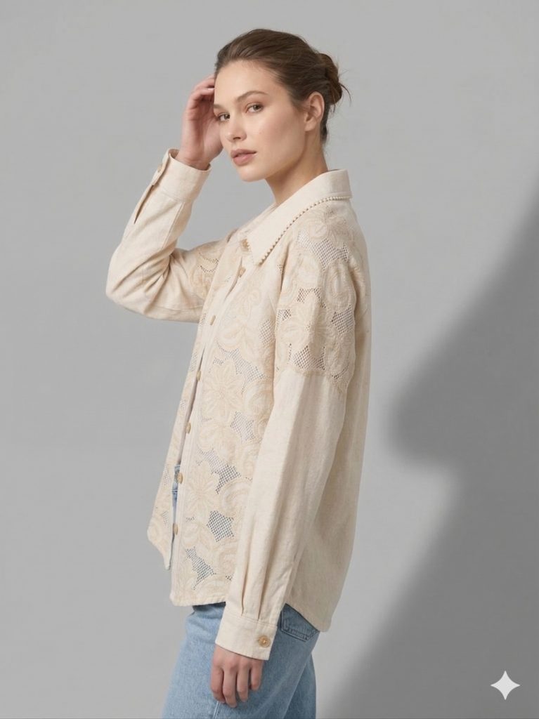 BDK Düğme Kapamalı İşlemeli Kot Gömlek 3547 - BEJ