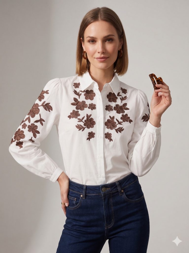 BDK Çiçek İşleme Detaylı Gömlek 7571 - Beyaz