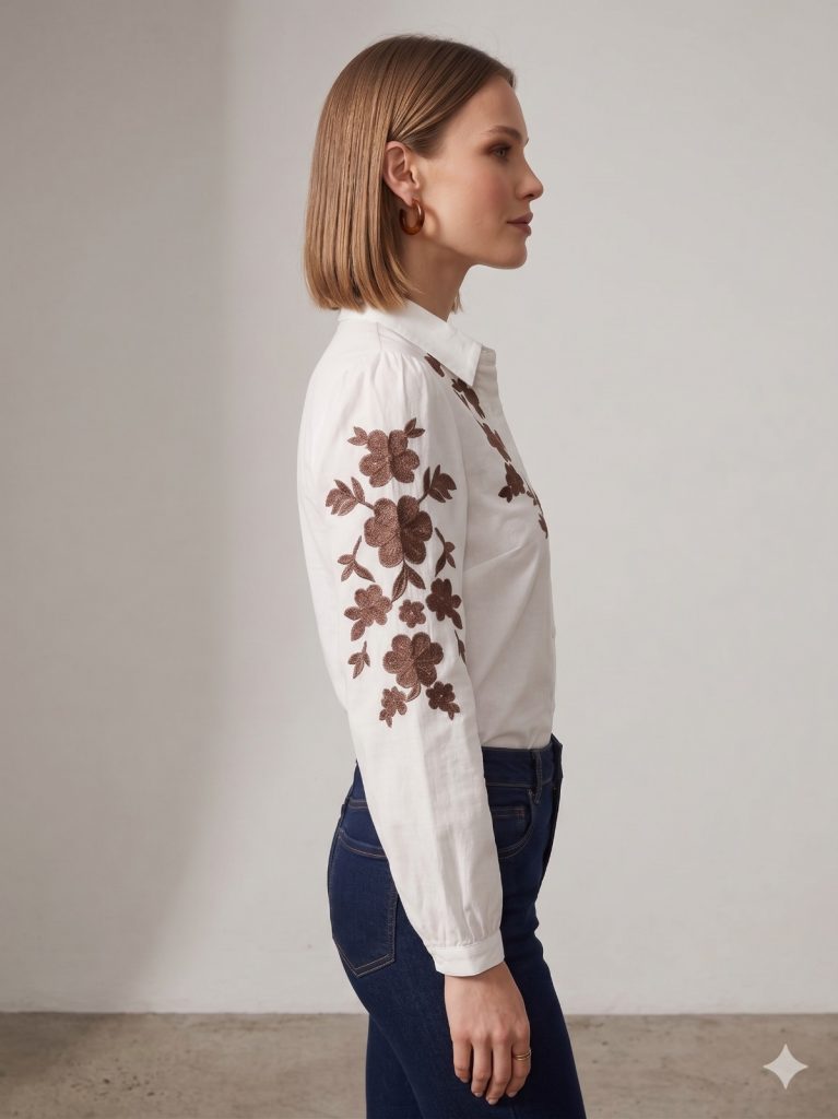 BDK Çiçek İşleme Detaylı Gömlek 7571 - Beyaz