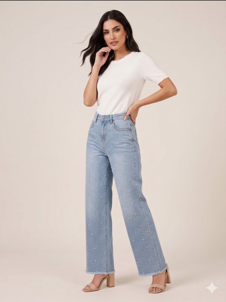 BDK Taş Ve İnci İşlemeli Pantolon 2817 - MAVİ