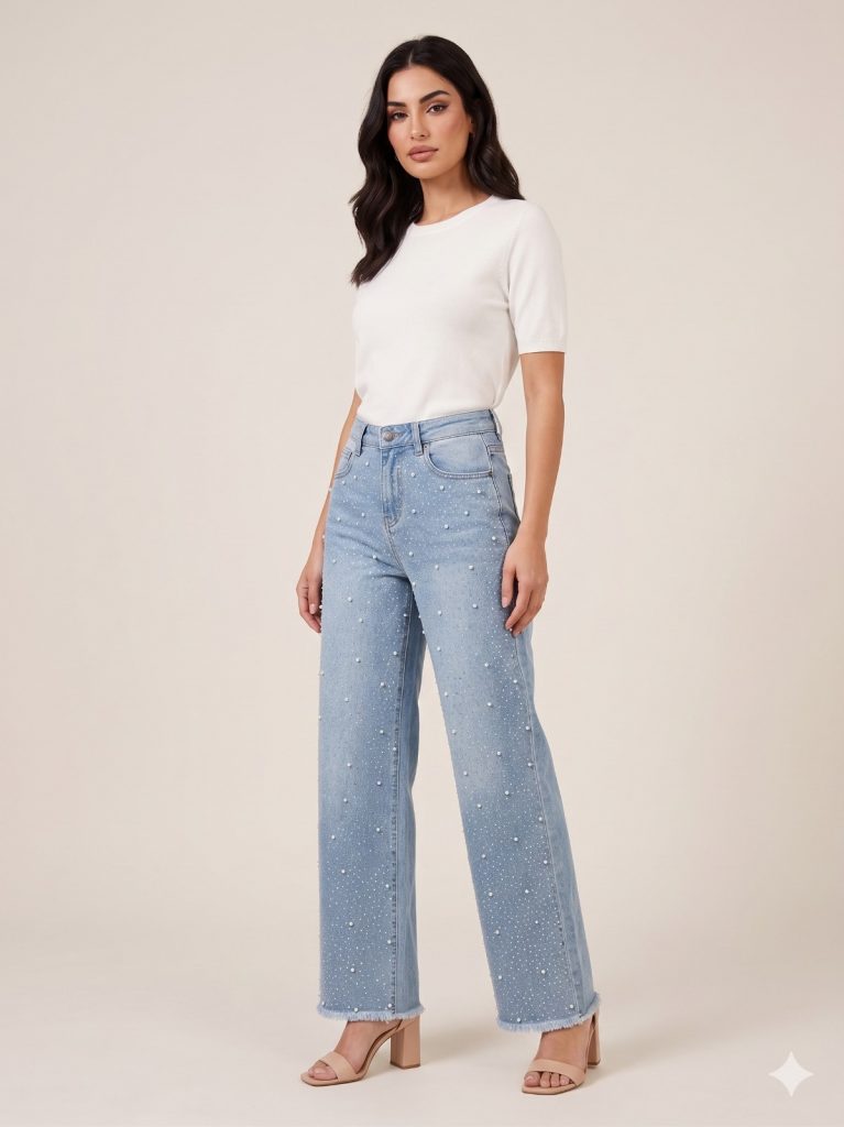 BDK Taş Ve İnci İşlemeli Pantolon 2817 - MAVİ