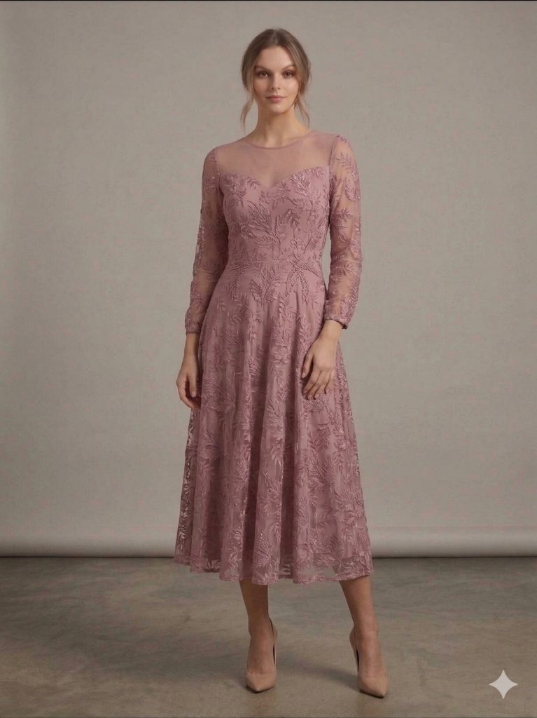 CENTİLMEN Fransız Dantel İşlemeli Midi Abiye  6340 - LİLA