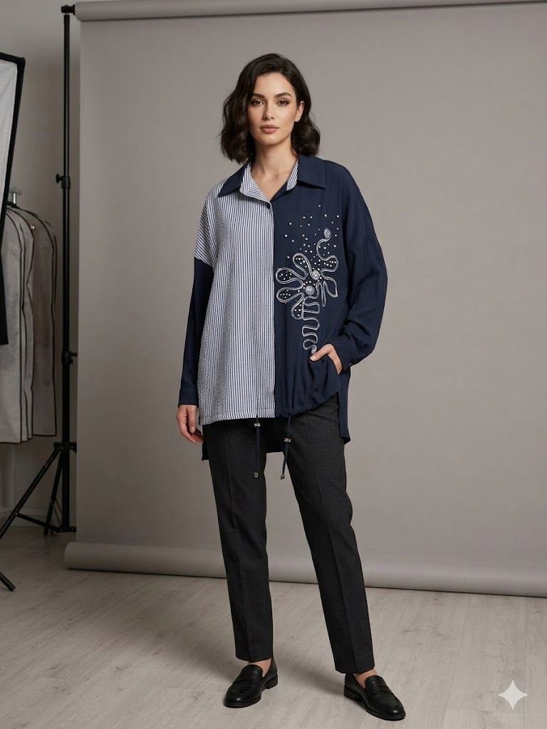 GİLDA Boncuk İşlemeli Gömlek 40117 - Lacivert