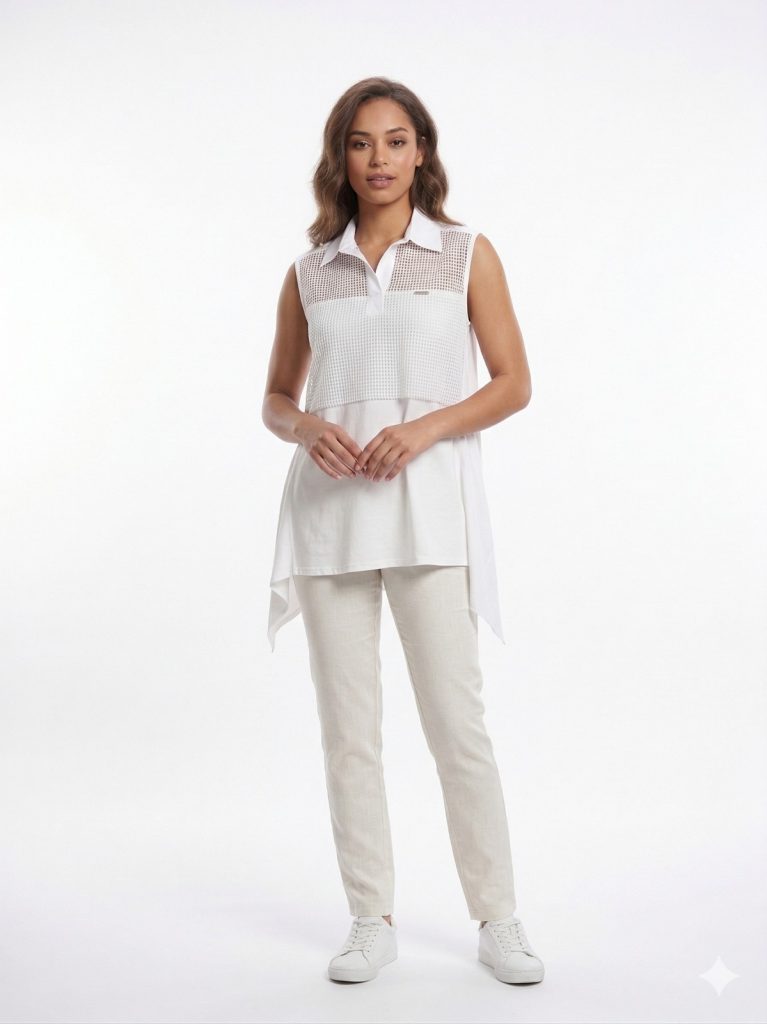 DAİDO File Detaylı Kolsuz Bluz 04813 - EKRU