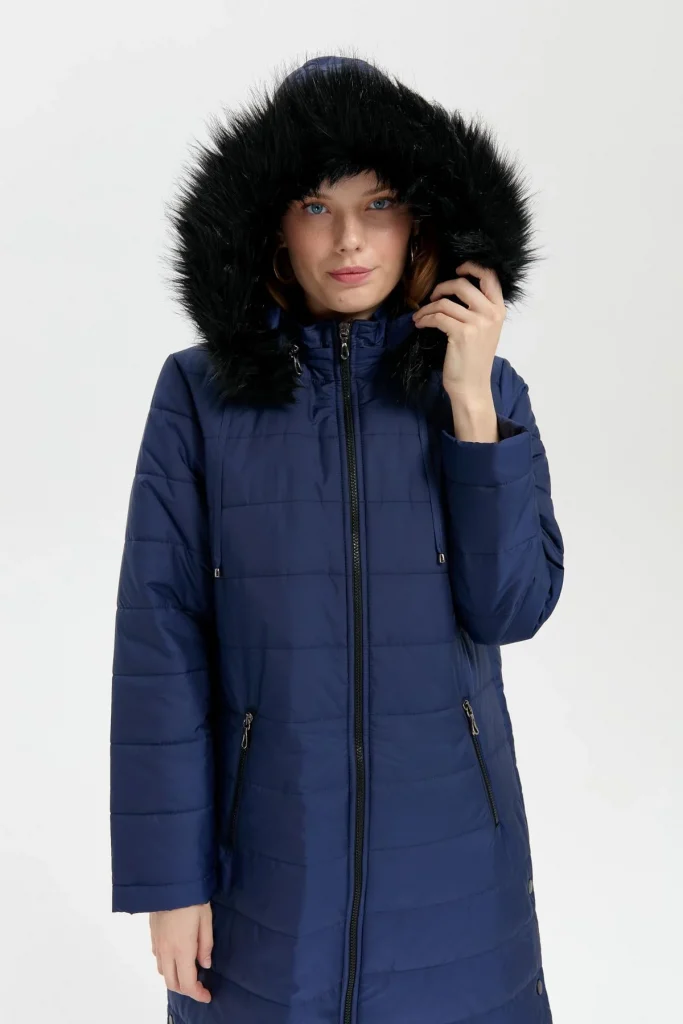 DESEN  Kapüşonu Kürklü Uzun Kapitone Kaban 23404 - Lacivert