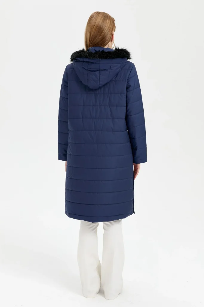 DESEN  Kapüşonu Kürklü Uzun Kapitone Kaban 23404 - Lacivert