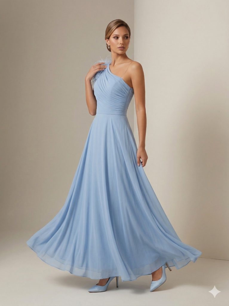 CENTİLMEN Omuz Tüy Detaylı Şifon Abiye 6046 - MAVİ