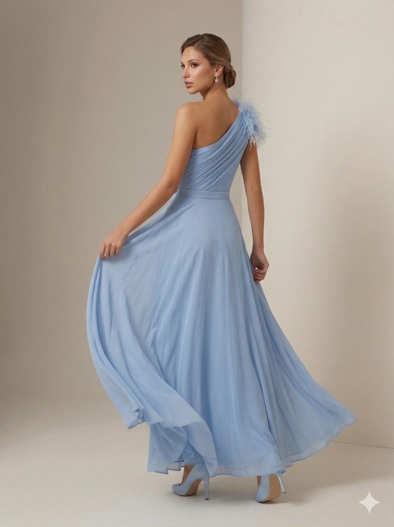 CENTİLMEN Omuz Tüy Detaylı Şifon Abiye 6046 - MAVİ