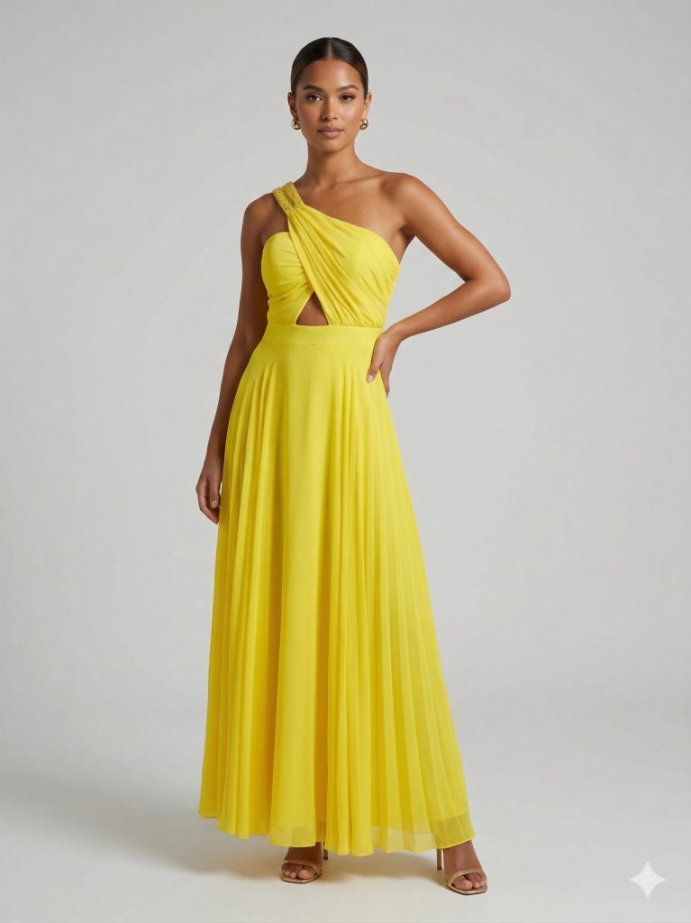 CENTİLMEN Tek Omuz Dekolteli Sarı Şifon Uzun Abiye Elbise 6108 - SARI