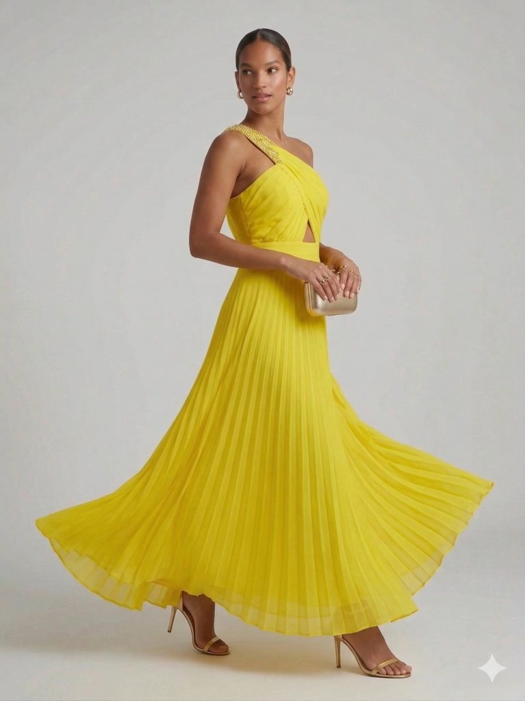 CENTİLMEN Tek Omuz Dekolteli Sarı Şifon Uzun Abiye Elbise 6108