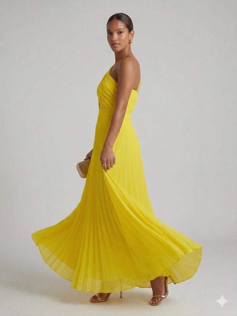 CENTİLMEN Tek Omuz Dekolteli Sarı Şifon Uzun Abiye Elbise 6108