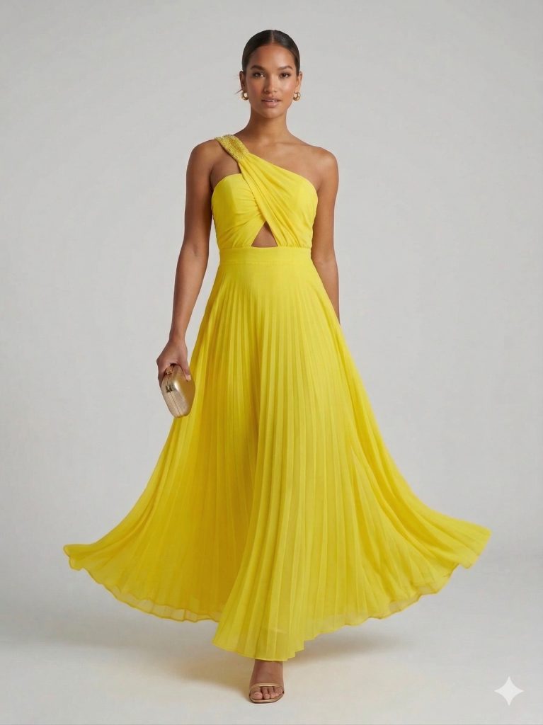 CENTİLMEN Tek Omuz Dekolteli Sarı Şifon Uzun Abiye Elbise 6108