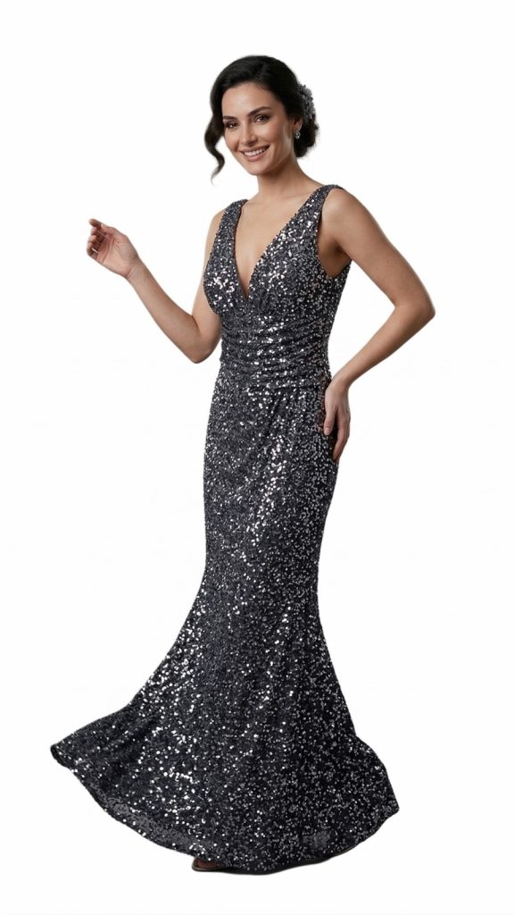 CENTİLMEN Pullu Çapraz Sırt Dekolteli V Yaka Elbise 7082