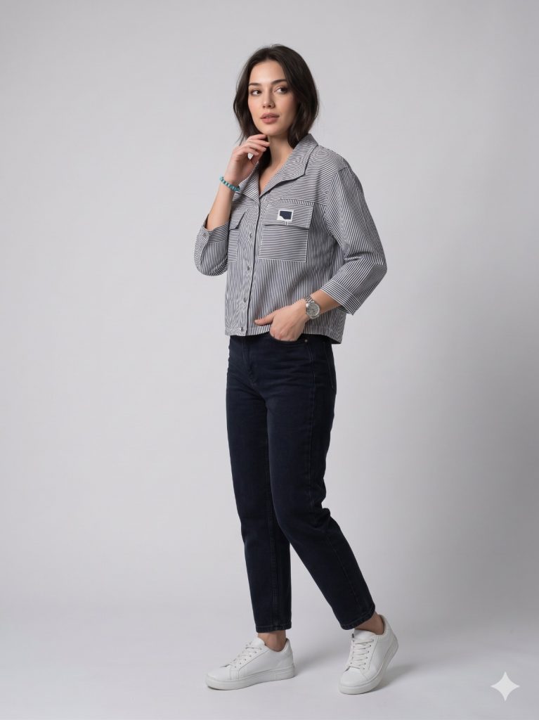 DOSSO DOSSİ Çizgili Göğüs Cep Detaylı Bluz 13915 - Lacivert