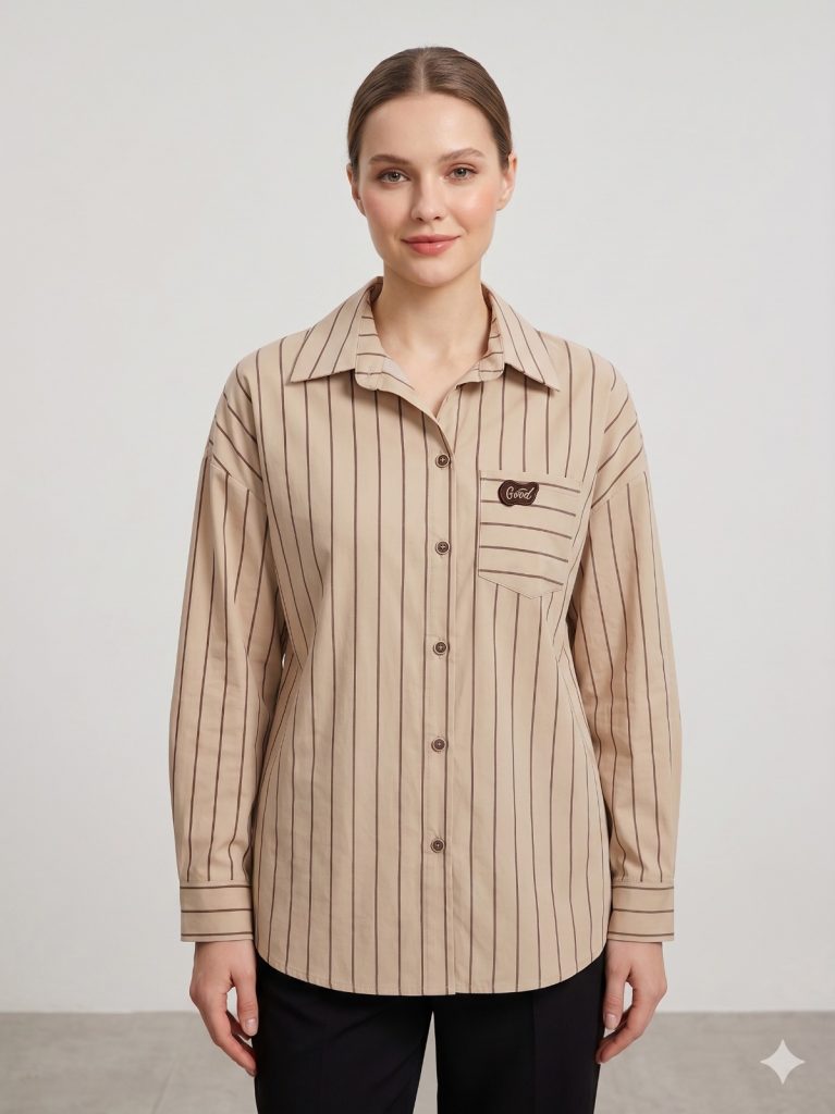 DOSSO DOSSİ ARAS Çizgili Göğüs Cep Detaylı Gömlek 13815 - BEJ