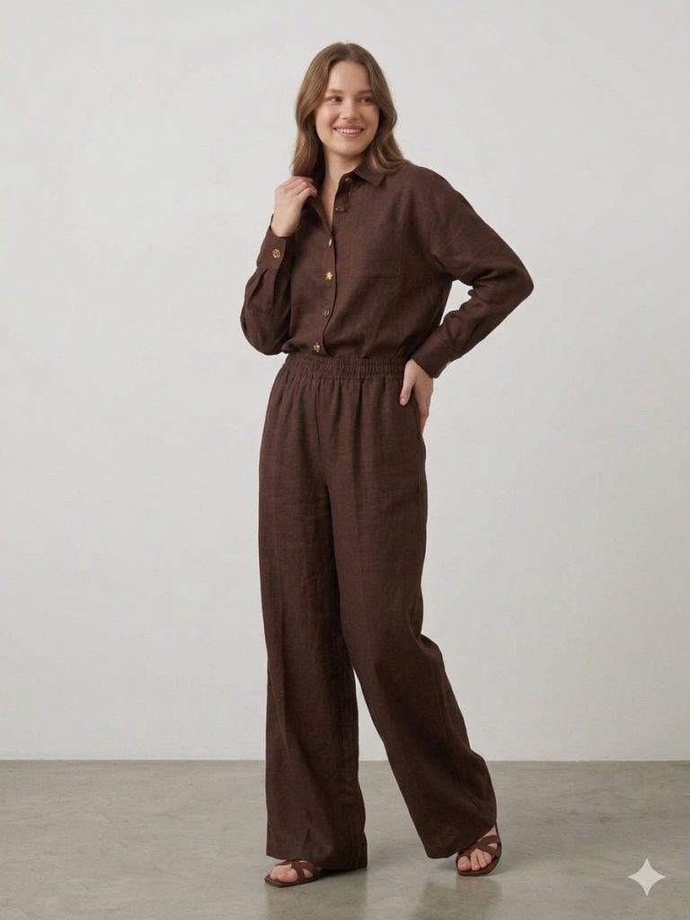 DOSSO DOSSİ PHARDİ  Tasarım Düğmeli Keten Casual İkili Takım 7354 - kahve