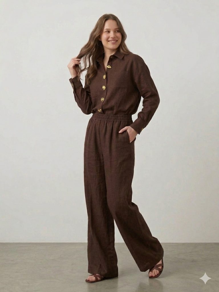 DOSSO DOSSİ PHARDİ  Tasarım Düğmeli Keten Casual İkili Takım 7354 - kahve