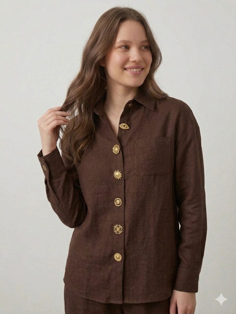 DOSSO DOSSİ PHARDİ  Tasarım Düğmeli Keten Casual İkili Takım 7354 - kahve