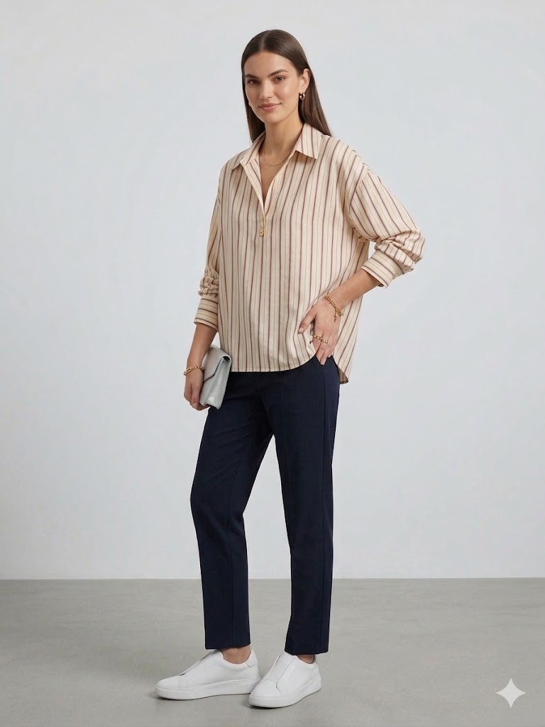 DOSSO DOSSİ Rahat Kesim Çizgili Gömlek 3824 - BEJ