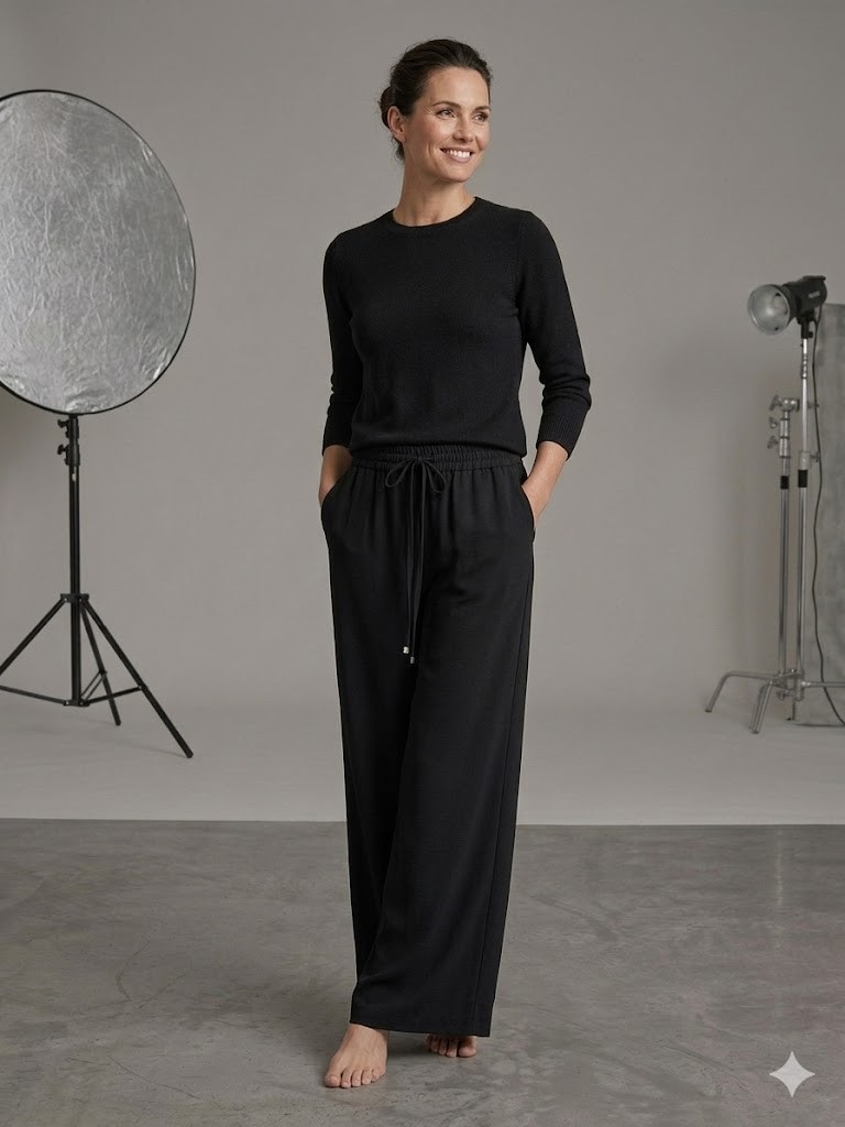 TOLGA SARAÇOĞLU Geniş Paça Örme Pantolon 30163 - Siyah