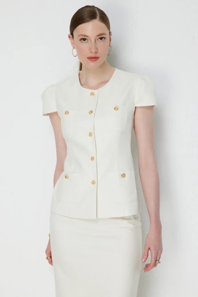 EKOL Süs Cepli Kısa Kollu Ceket  1038 - EKRU