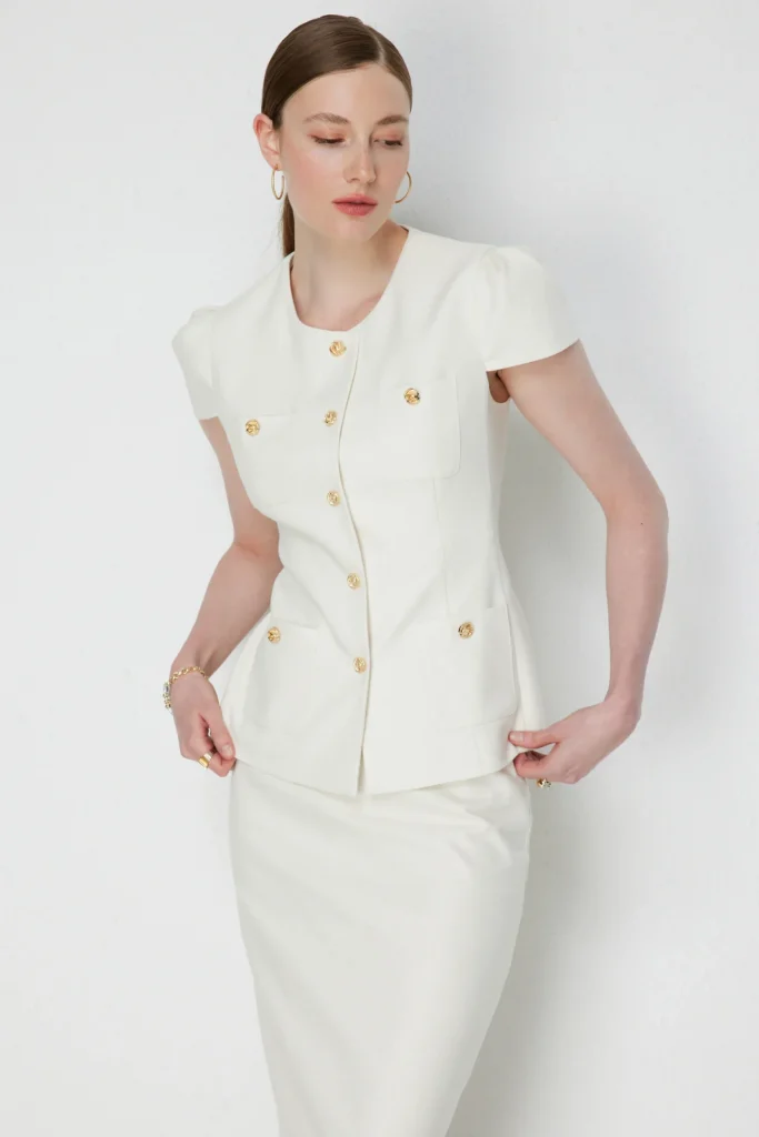 EKOL Süs Cepli Kısa Kollu Ceket  1038 - EKRU