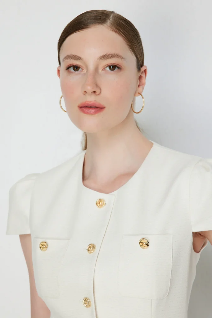 EKOL Süs Cepli Kısa Kollu Ceket  1038 - EKRU