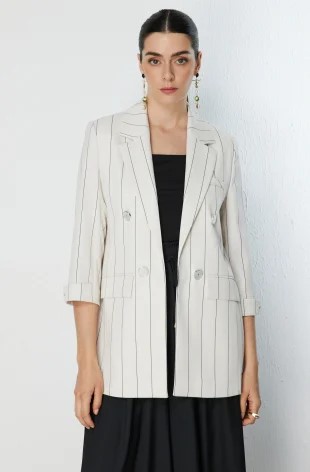 EKOL Çizgi Desenli Kapak Cepli Ceket 1098 - naturel