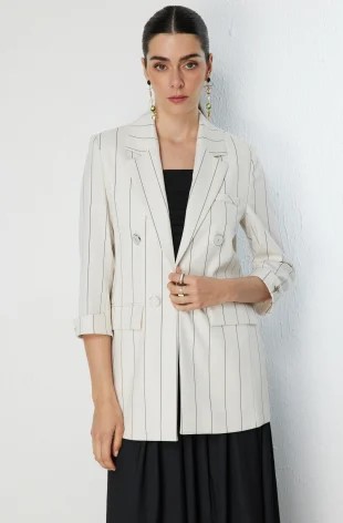 EKOL Çizgi Desenli Kapak Cepli Ceket 1098 - naturel