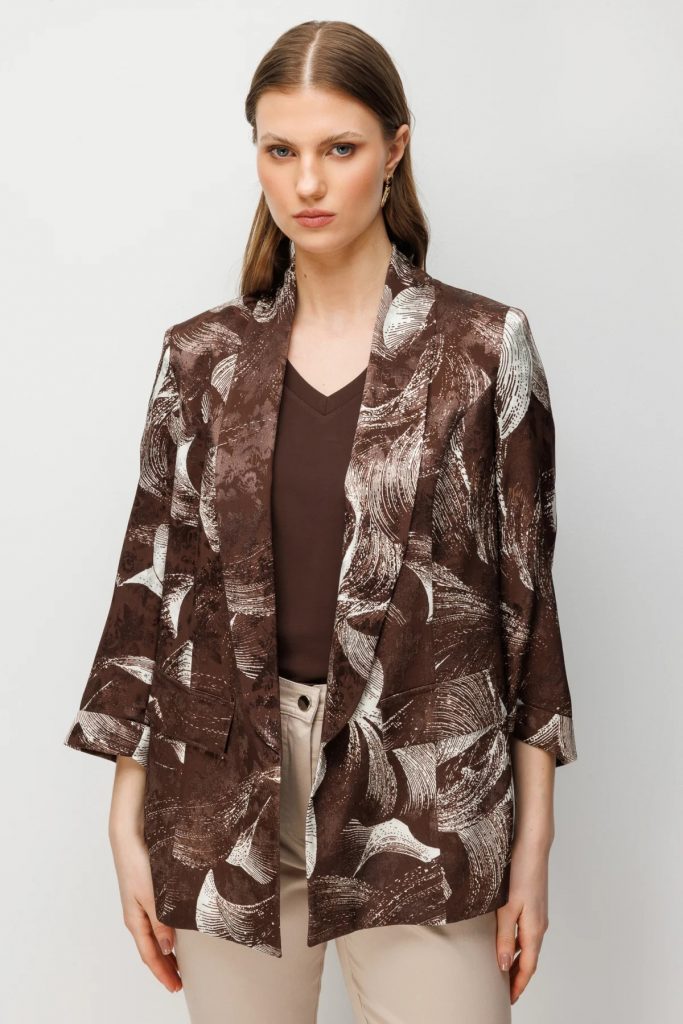 EKOL Yarım Kollu Desenli Büyük Beden  Ceket 1544 - kahve