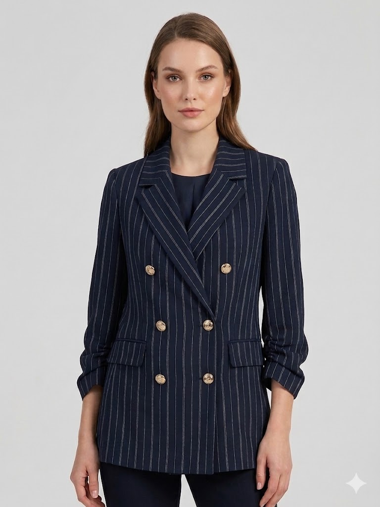 EKOL Çizgi Detaylı Blazer Ceket 1582 - Lacivert