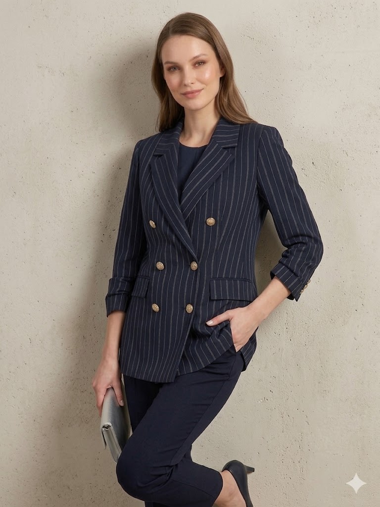 EKOL Çizgi Detaylı Blazer Ceket 1582 - Lacivert