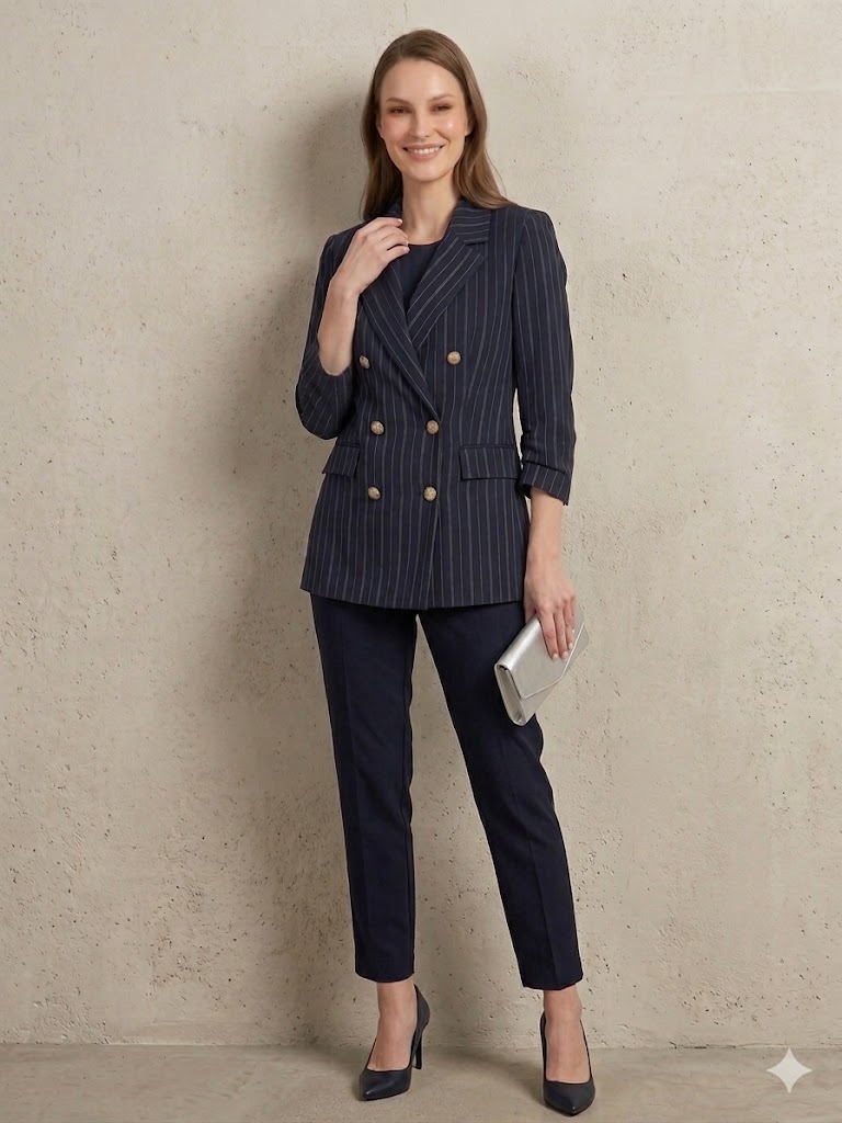 EKOL Çizgi Detaylı Blazer Ceket 1582 - Lacivert