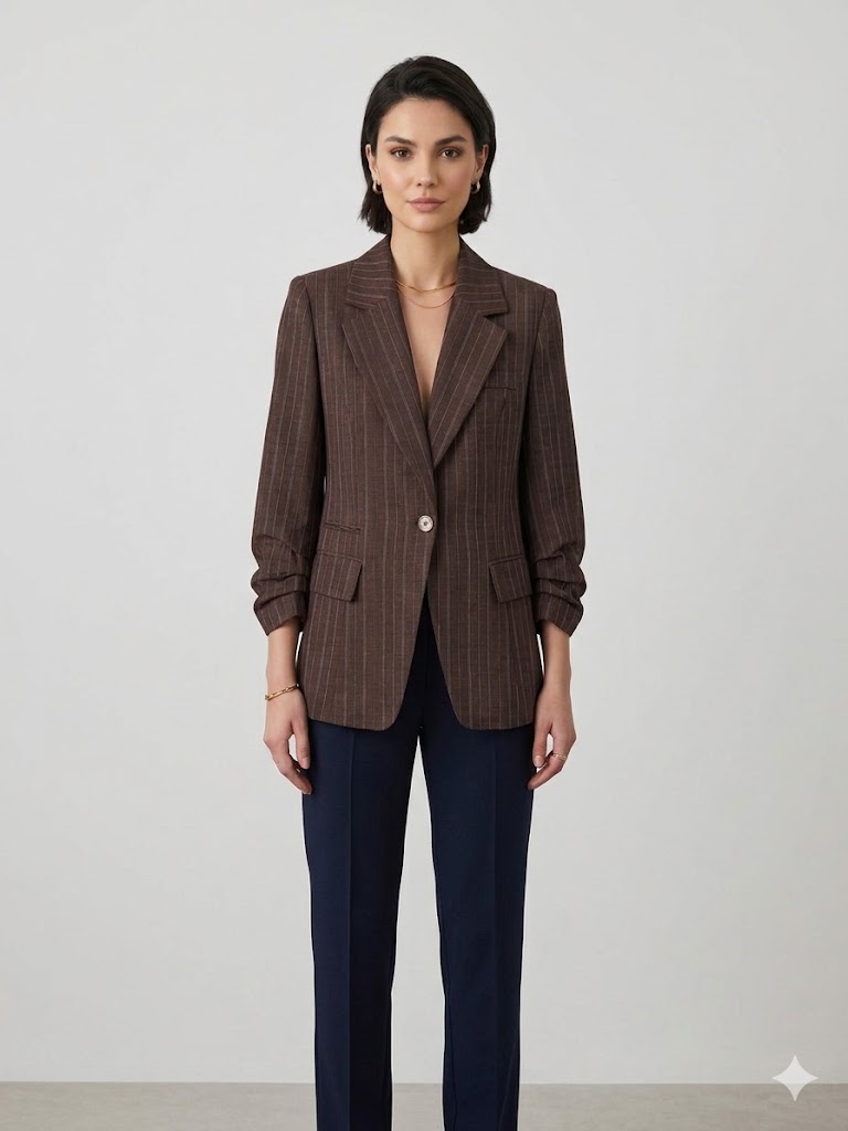 EKOL Çizgi Detaylı Ceket 1586 - kakao