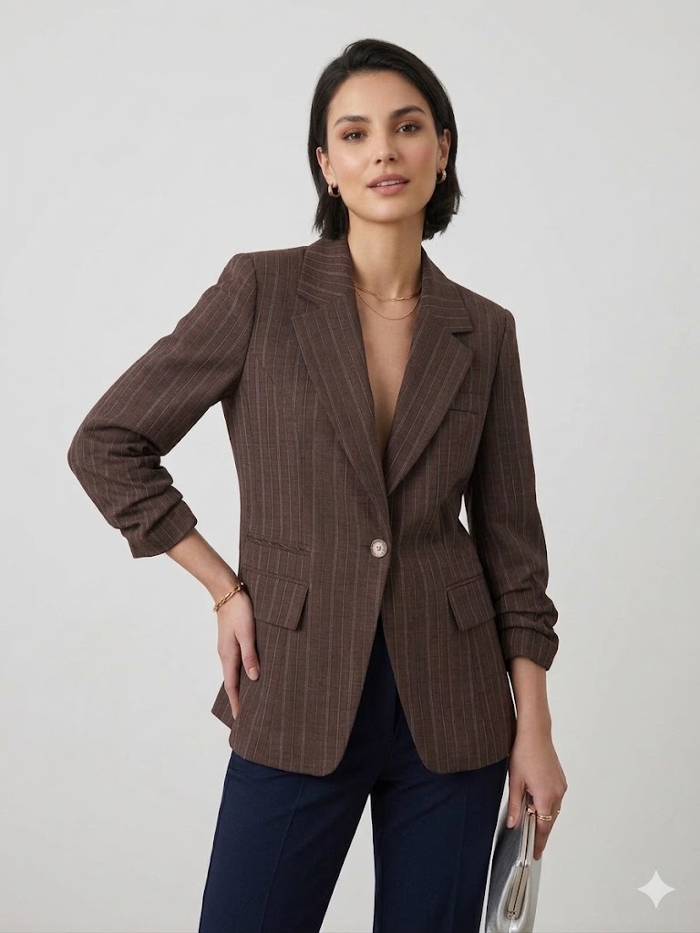 EKOL Çizgi Detaylı Ceket 1586 - kakao