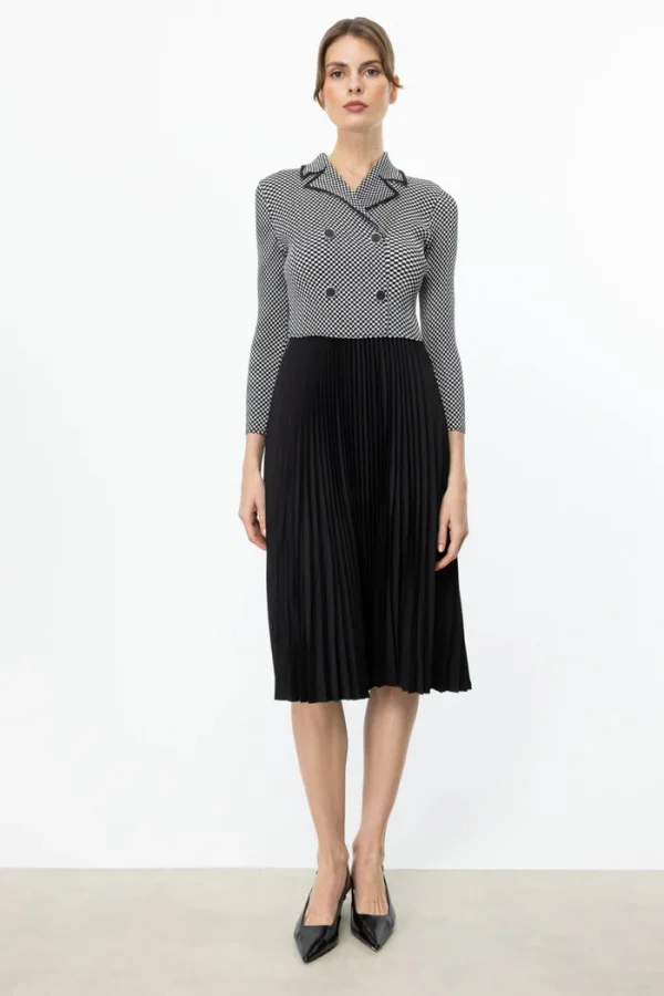 EKOL Süs Düğmeli Piliseli Midi Elbise 5986