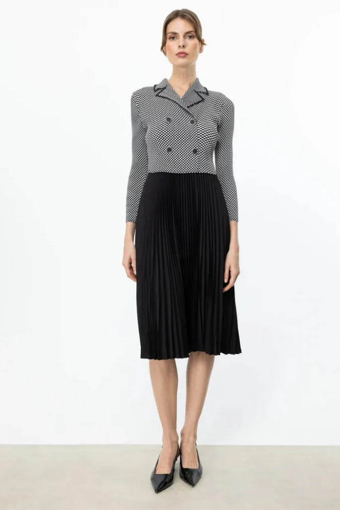 EKOL Süs Düğmeli Piliseli Midi Elbise 5986 - Siyah