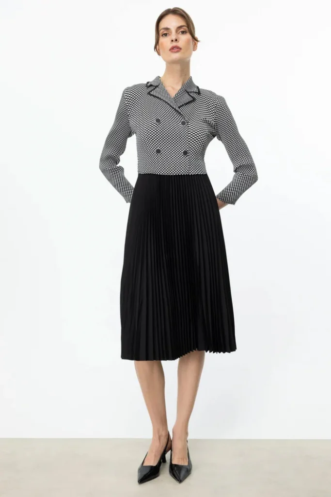 EKOL Süs Düğmeli Piliseli Midi Elbise 5986 - Siyah