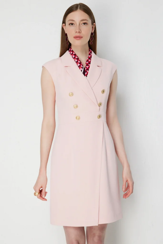 EKOL Süs Düğmeli Kolsuz Midi Elbise 6018 - PUDRA