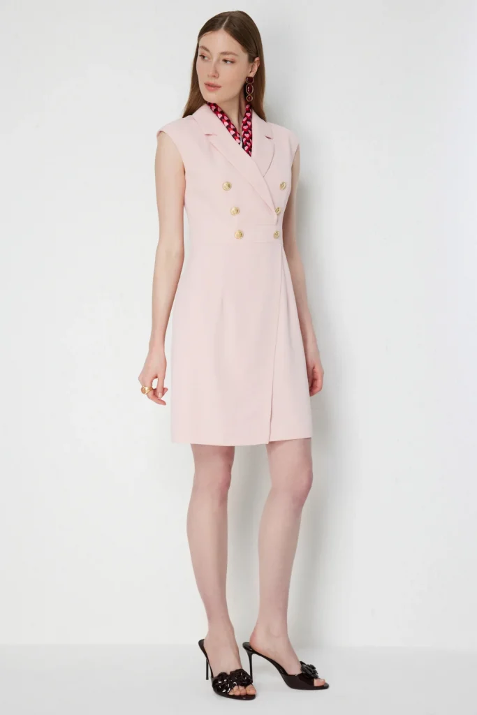 EKOL Süs Düğmeli Kolsuz Midi Elbise 6018 - PUDRA