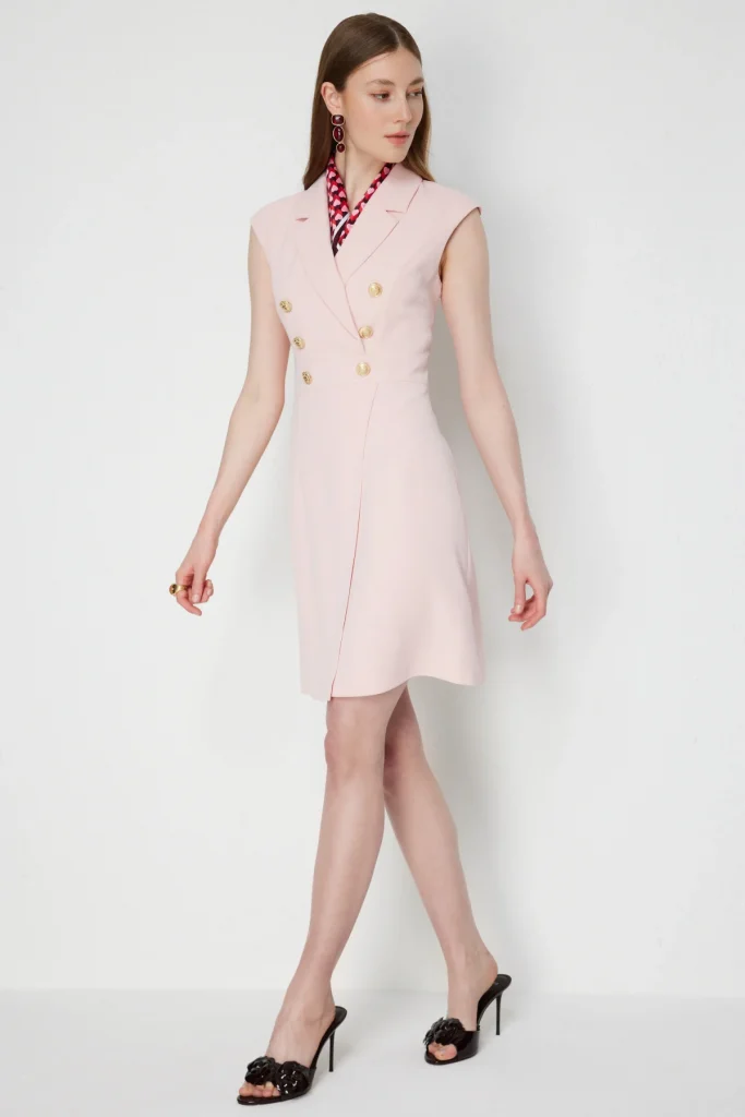 EKOL Süs Düğmeli Kolsuz Midi Elbise 6018 - PUDRA