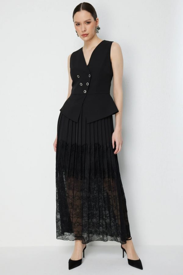 EKOL Ekol Eteği Dantelli Süs Düğmeli Maxi Elbise 6026