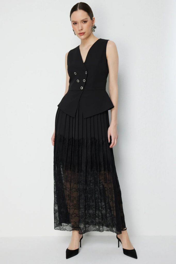 EKOL Ekol Eteği Dantelli Süs Düğmeli Maxi Elbise 6026 - Siyah