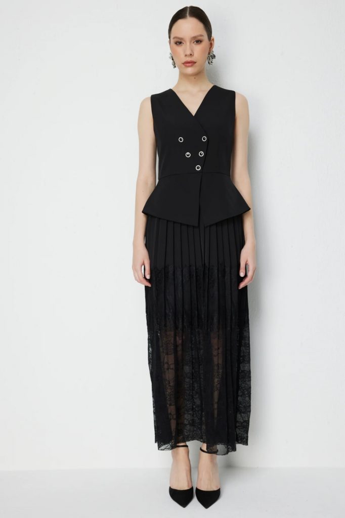 EKOL Ekol Eteği Dantelli Süs Düğmeli Maxi Elbise 6026