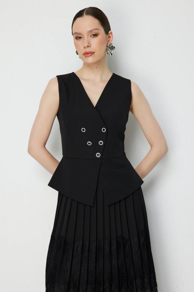 EKOL Ekol Eteği Dantelli Süs Düğmeli Maxi Elbise 6026