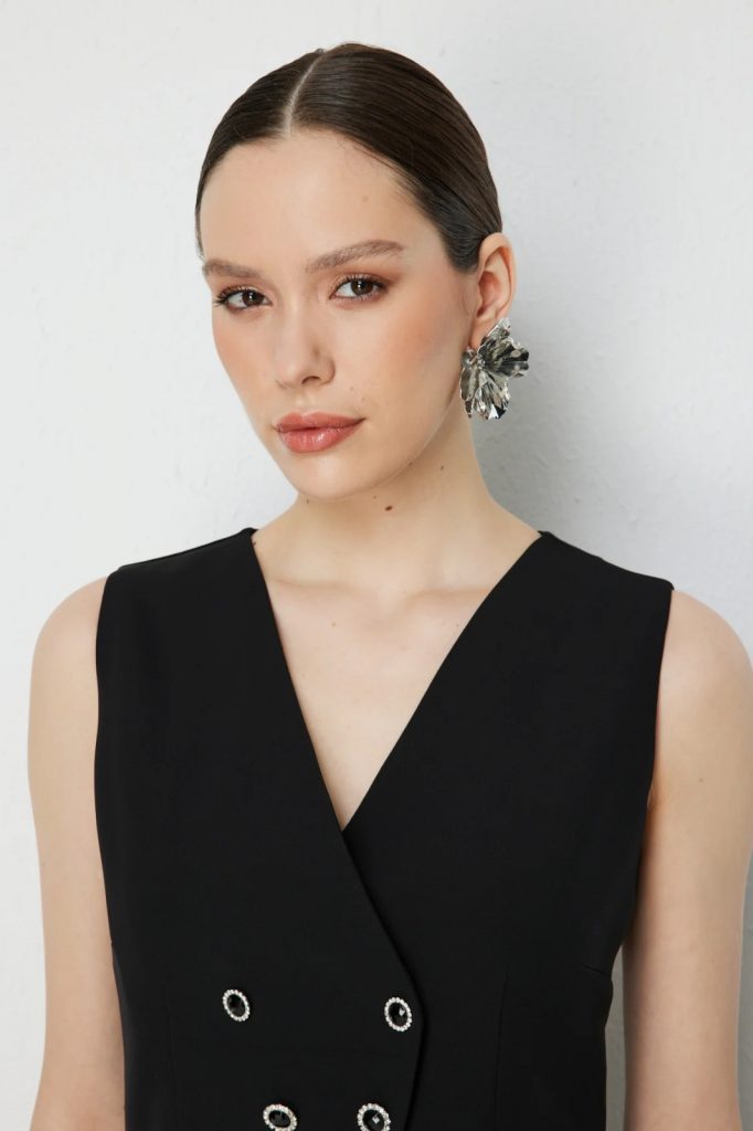 EKOL Ekol Eteği Dantelli Süs Düğmeli Maxi Elbise 6026 - Siyah